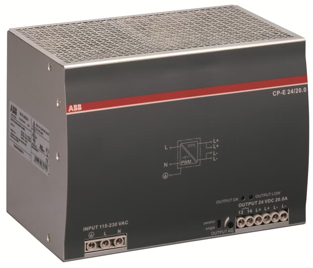 ABB Electrification Switching Power Supply; CP-E 24/20.0; 24VDC OUT; 480W; 90-264VAC / 120-375VDC IN; Single-Phase; DIN Rail Mount